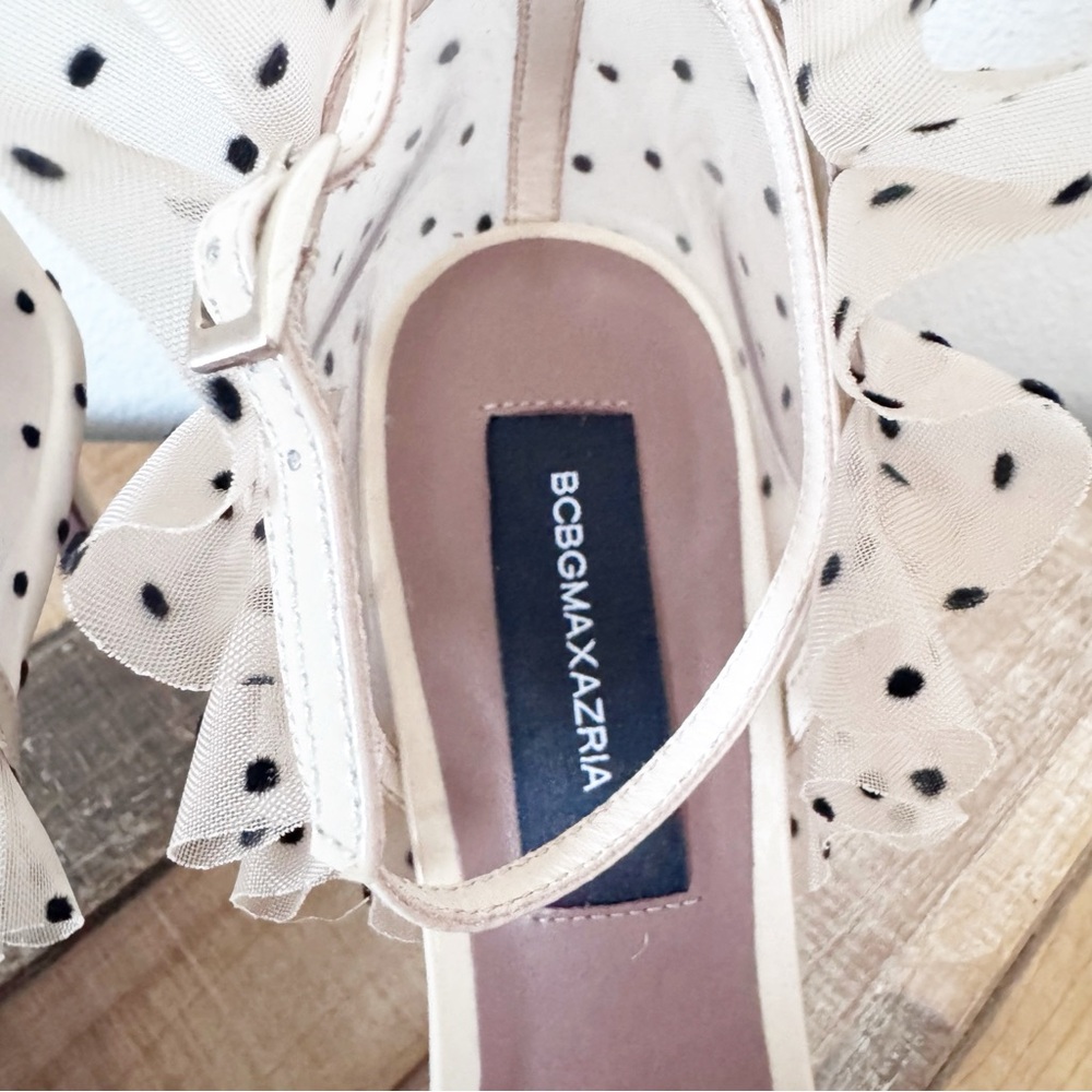 BCBGMaxazria Stella Sandal Cream Ruffle Polka Dot Heels - Picture 10 of 14